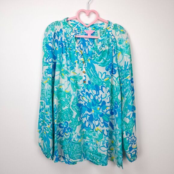 Lilly Pulitzer Tops - Lilly Pulitzer Silk Blue Floral Blouse – Long‎ Sleeve – Coastal Preppy – Small